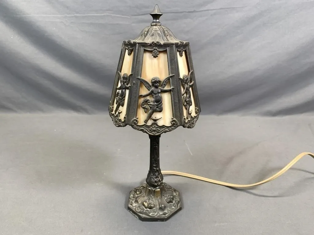 C1920 Slag Glass Boudoir Lamp w Angels