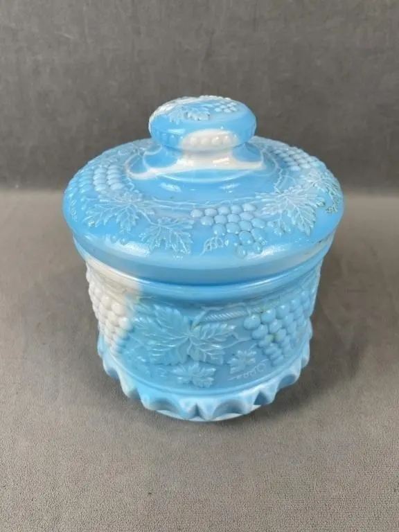 Fenton Blue Slag Glass Grape & Cable Cookie Jar