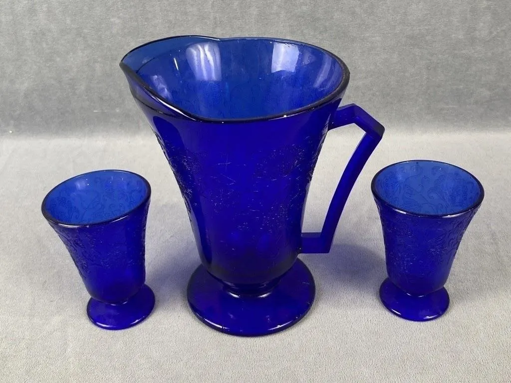 Cobalt Blue Depression Florentine Jug + 2 Tumblers
