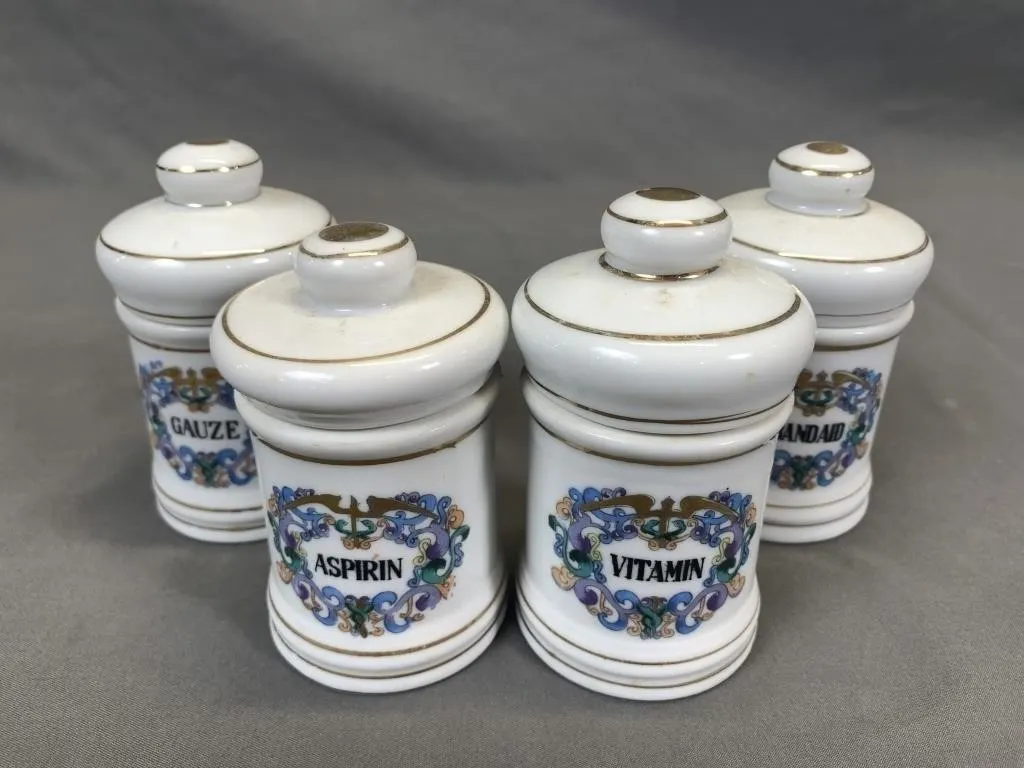 4 Porcelain Apothecary Jars w Lids