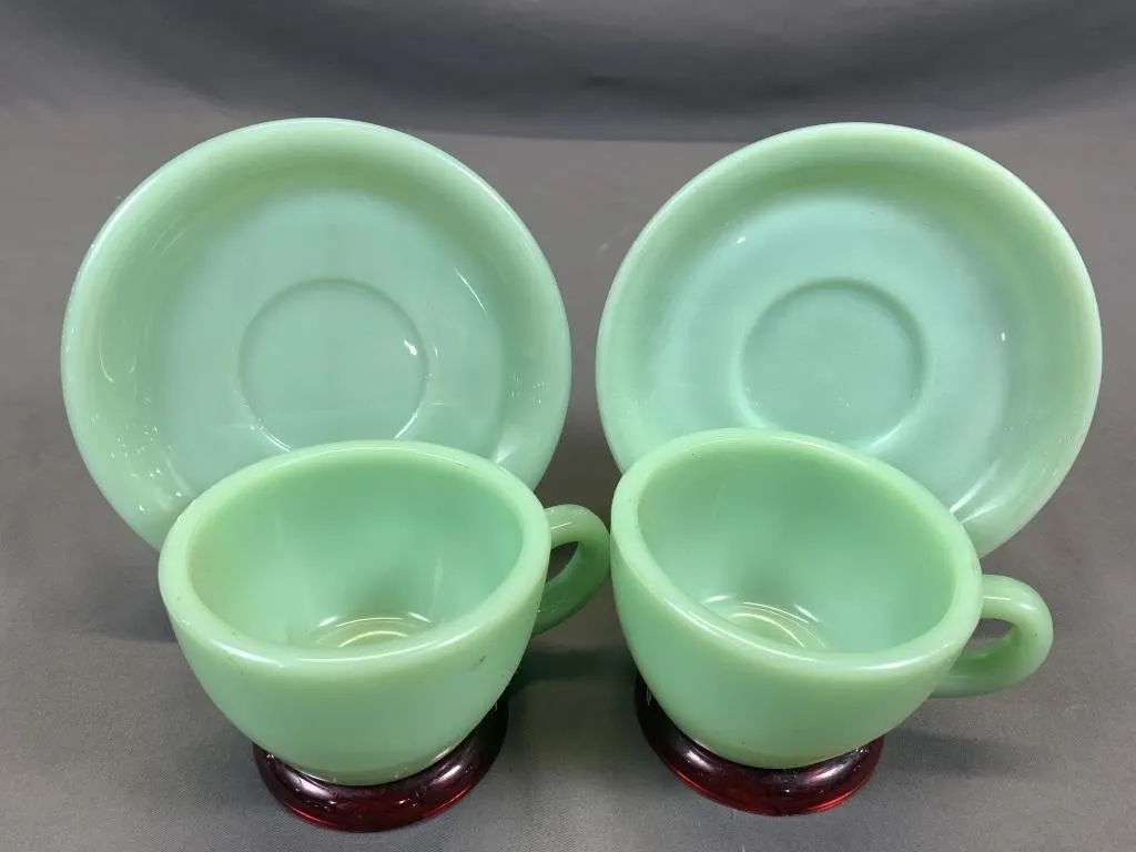 2 Heavy Fire King Jadeite Cup & Saucers