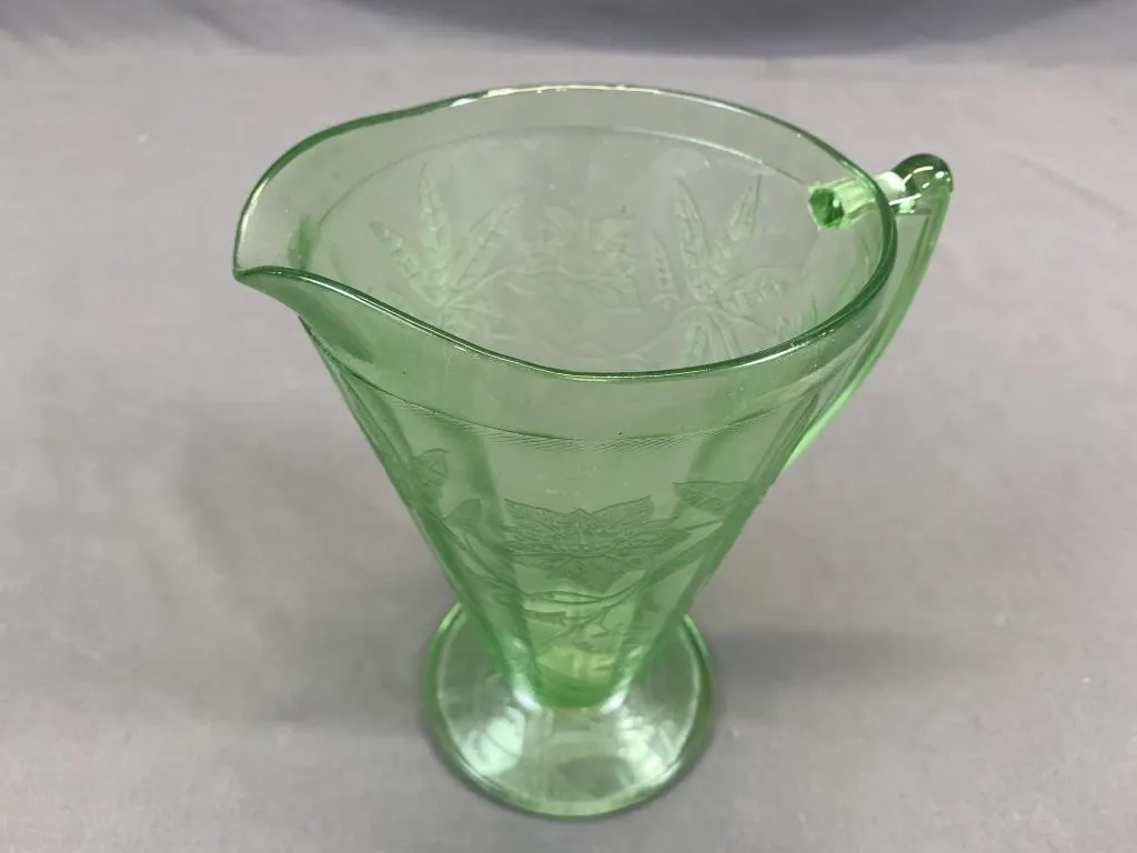 Green Depression Floral Glass Pitcher