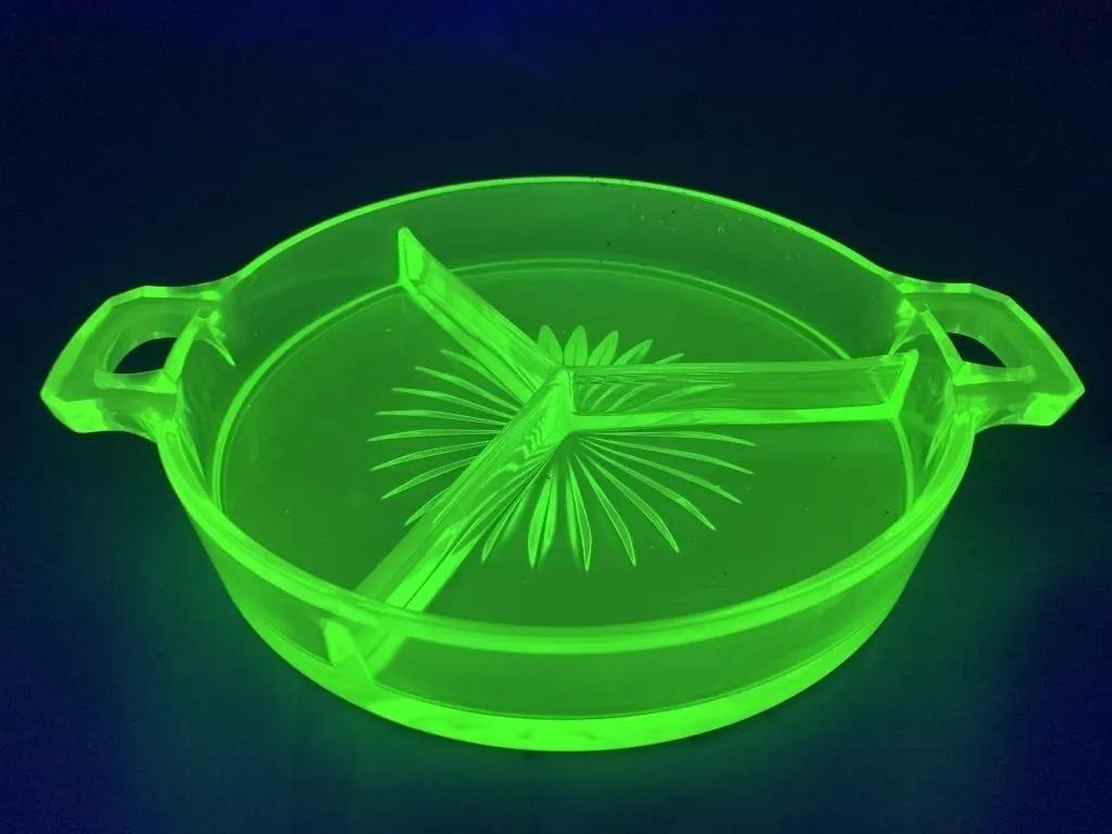 2 Handled Green Uranium Glass Relish Dish