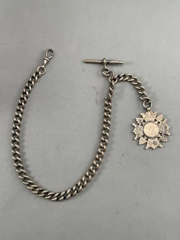 Early Heavy Sterling Watch Chain & Fob