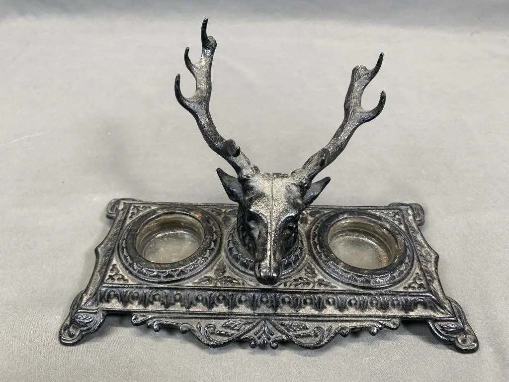 C1920 Cast Elk Pen Holder w Ink Wells