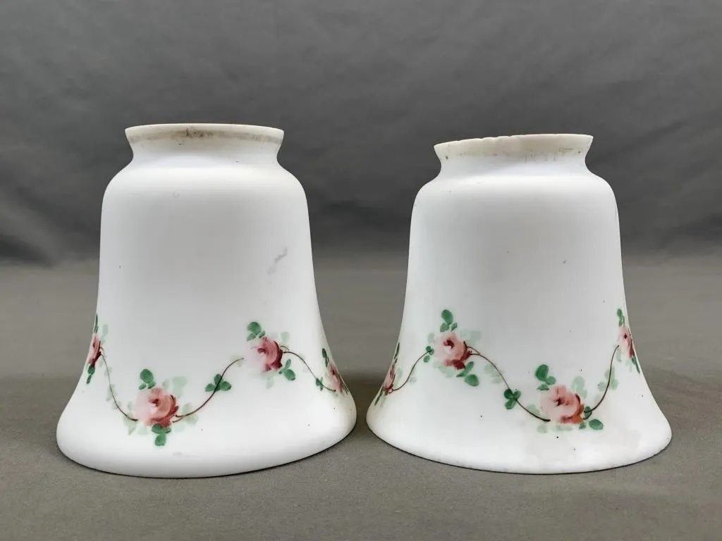 Pair of C1920 Glass Shades w Applied Roses