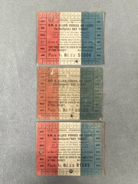 3 WWII Allied Forces London Transport Tickets