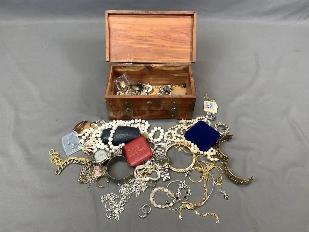 Antique Wooden Box & Contents