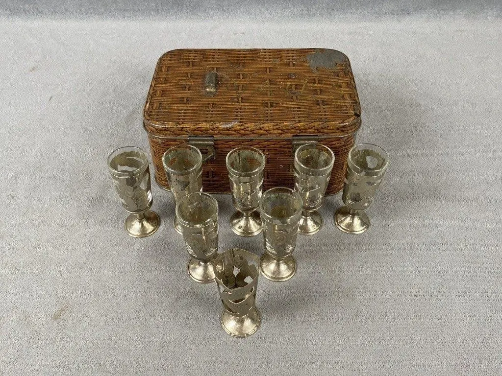 Antique Basket Weave Tin w 8 Shot Glasses