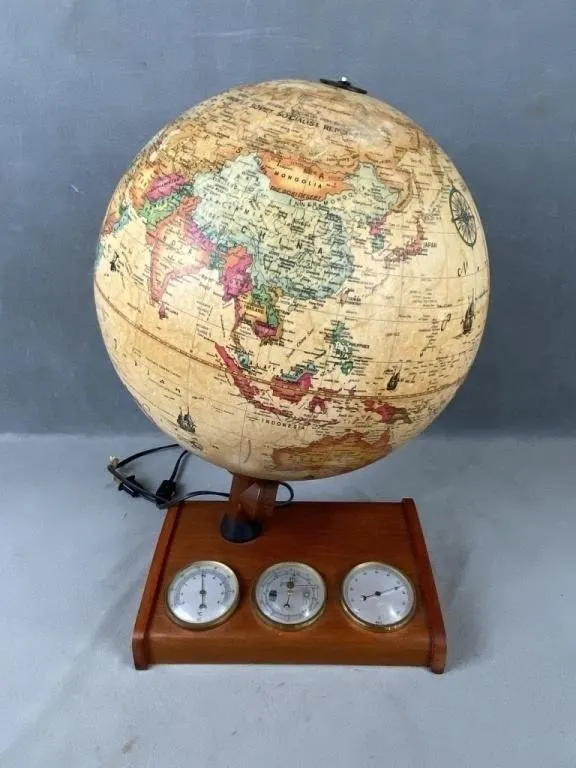 Desktop Globe on Teak Base w Weather Instruments