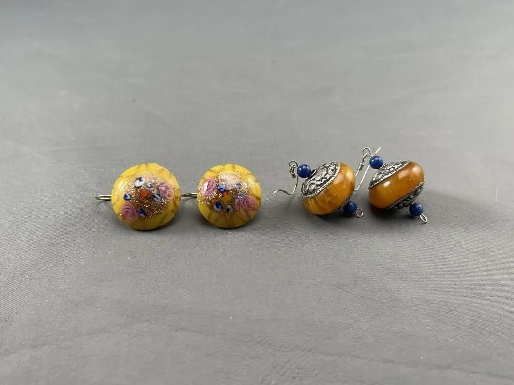 Venetian Murano Earrings + Amber Pair
