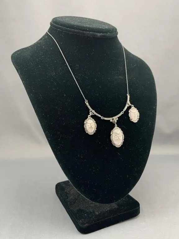 Continental Silver 835 Floral Cameo Necklace