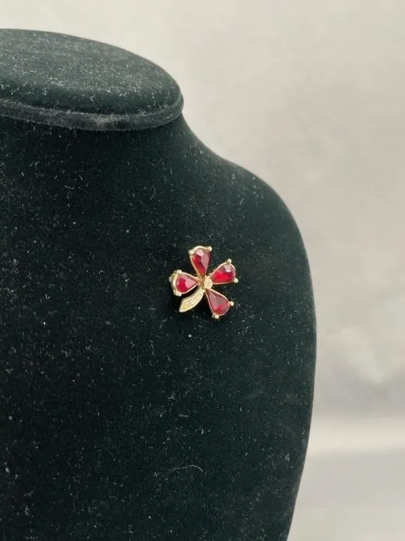 Antique Czech Style Red Stone Clover Brooch