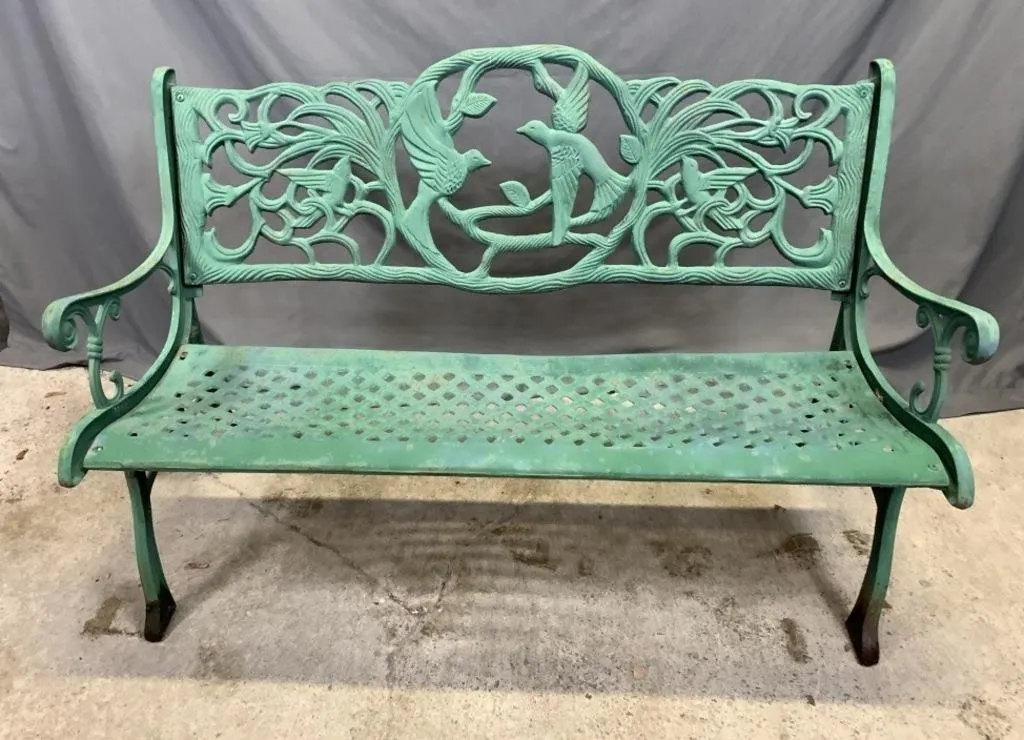 Vintage Cast Iron Green Garden Bench