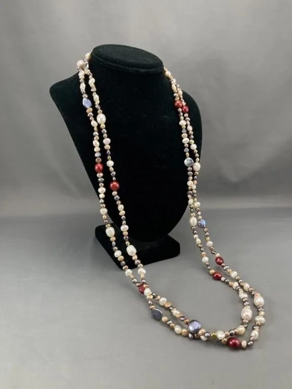 Long Double Multi Coloured Pearl Necklace