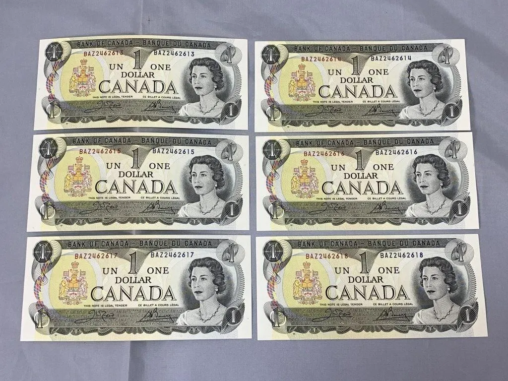 6 Uncirculated Sequential Bank of Canada $1 Bills