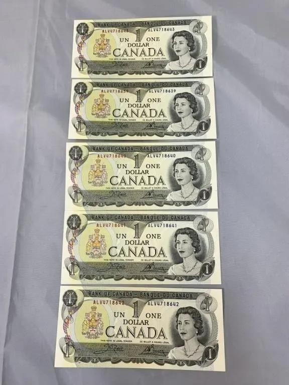 5 Uncirculated Sequential Bank of Canada $1 Bills