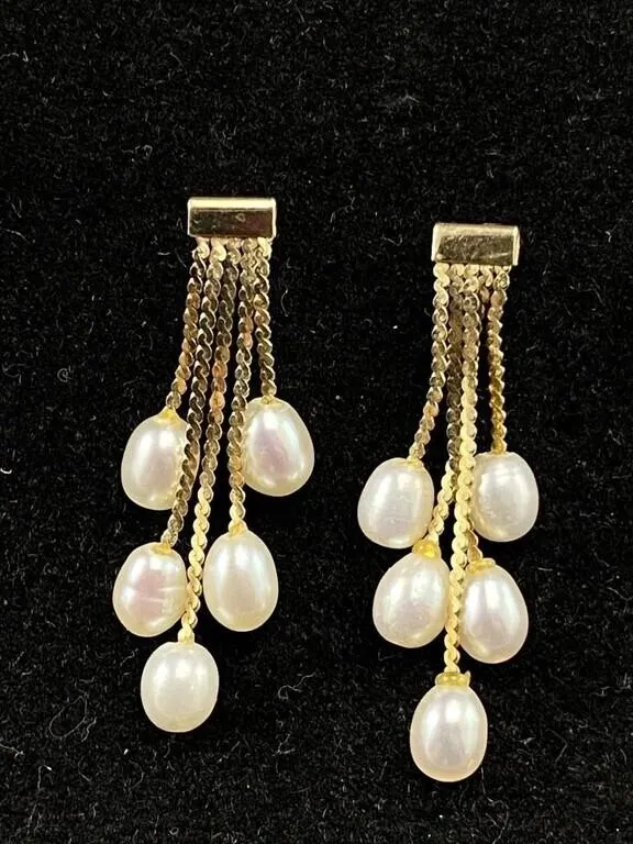 Pair 10K Gold Textured Chain Pearl Drop Earrings