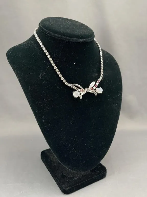 Silver Tone Rhinestone Necklace w Red Accents