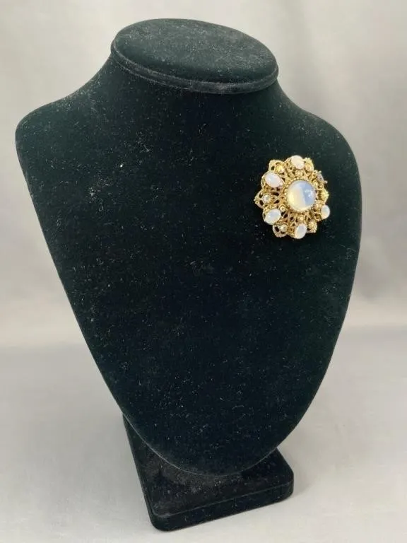 Czech Style Opalescent Gold Tone Brooch
