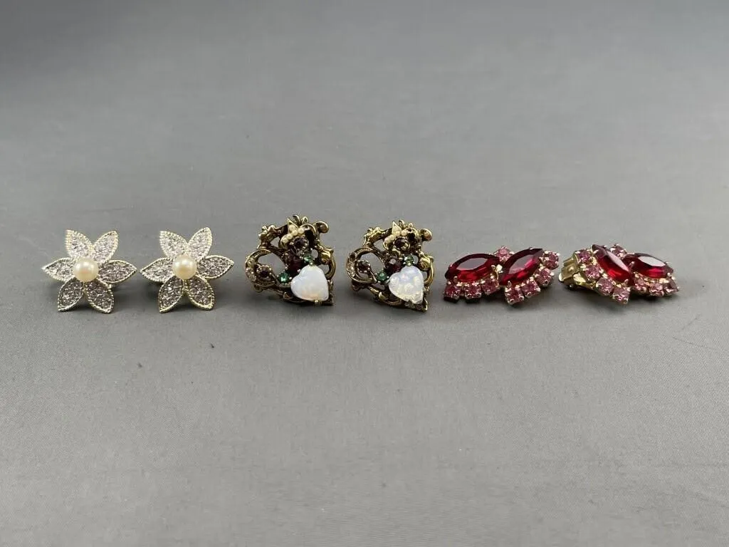 3 Pair Vintage Rhinestone & Faux Pearl Earrings