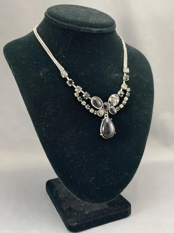 Black Cabochon & Smoky Grey Rhinestone Necklace
