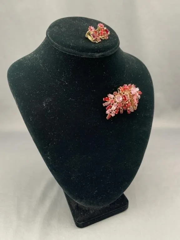 Pink & Red Rhinestone Brooch & Earrings