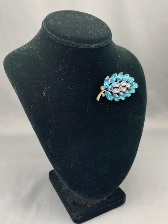 Turquoise and Blue Rhinestone Brooch