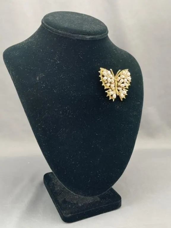 Art Pepper Faux Pearl Rhinestone Butterfly Brooch