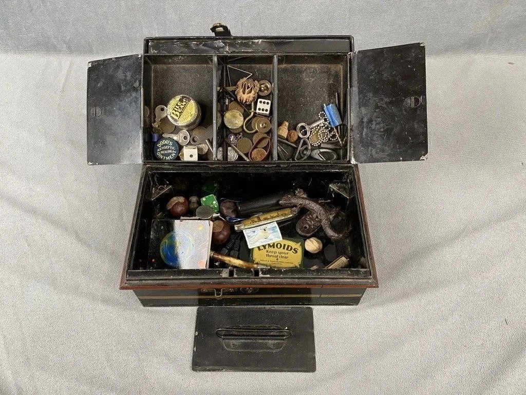 19th C Metal Stenciled Cash Box & Contents