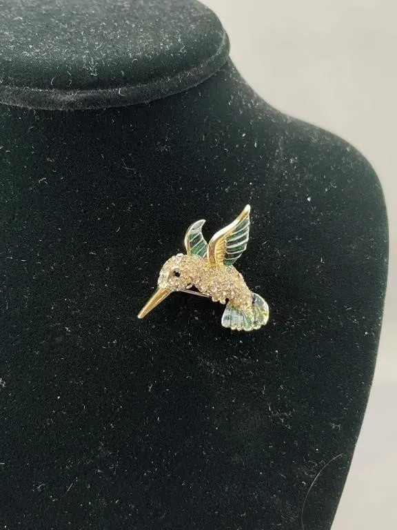 Vintage Rhinestone Drenched Hummingbird Brooch