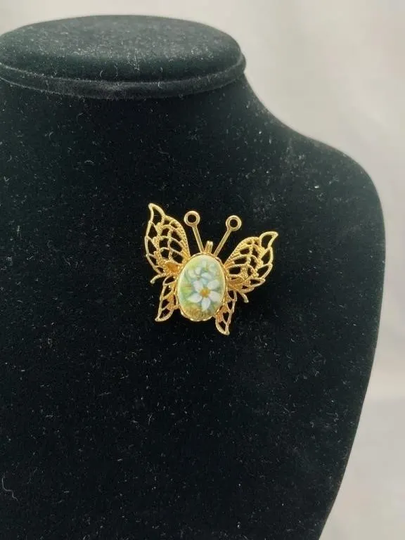 Gold Tone Hand Painted Butterfly Brooch