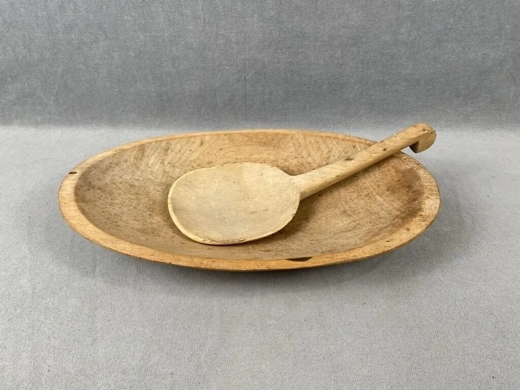 19th C Trough Wooden Butter Bowl & Paddle
