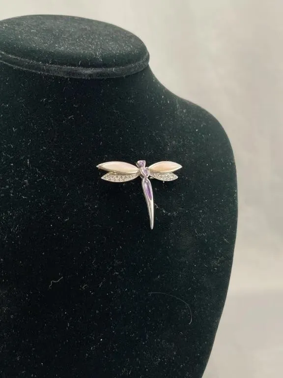 Silver Tone Amethyst & Pink Stone Dragonfly Brooch