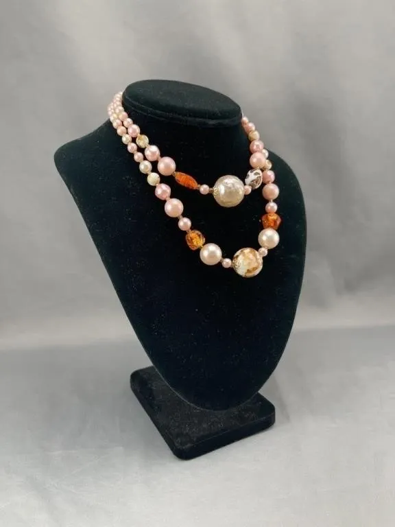Vintage Beaded Necklace w Pink Faux Pearls