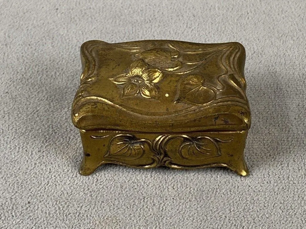C1910 Footed Stamp Box w Floral Repousse