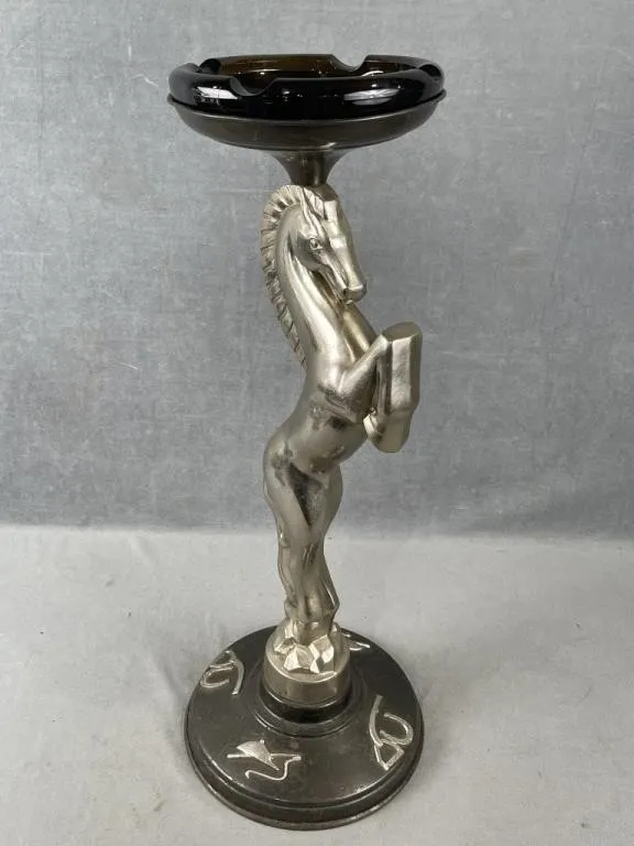 Chrome Horse Standing Smoking Ashtray w Round Base