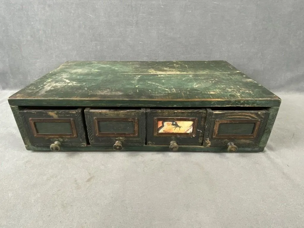 Antique Painted Pine 4 Drawer Seed Cabinet