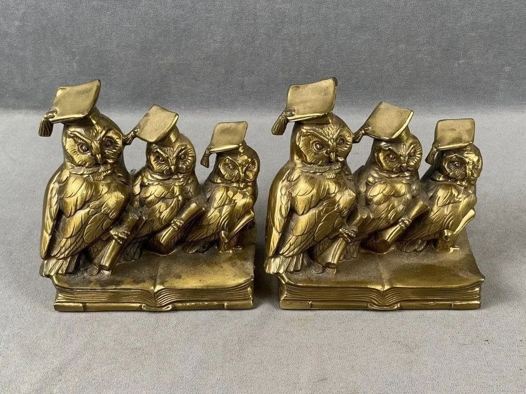 Vintage Heavy Cast Brass Owl Bookends