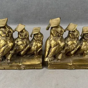 Vintage Heavy Cast Brass Owl Bookends