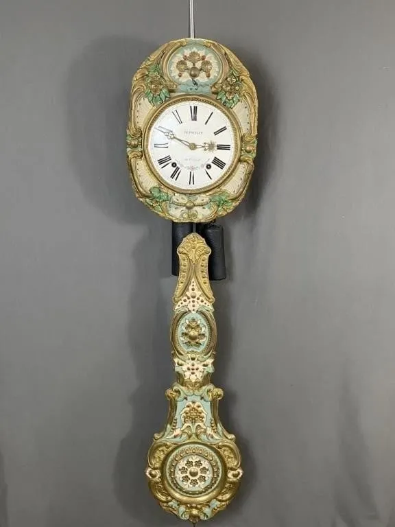 Ornate French Morbier Wall Clock w 2 Weights