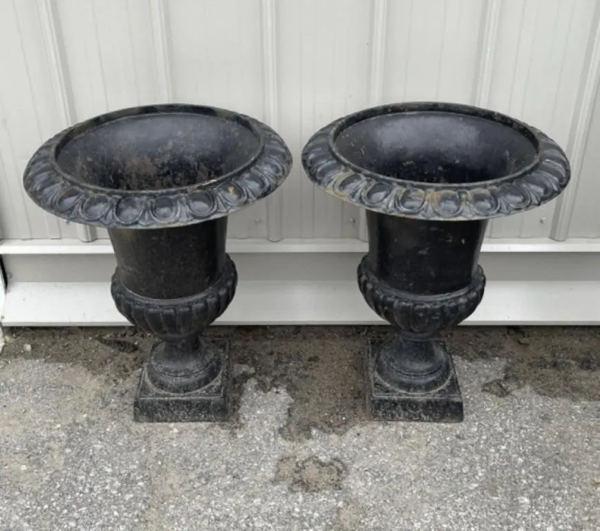 Vintage Pair Cast Iron Garden Urns