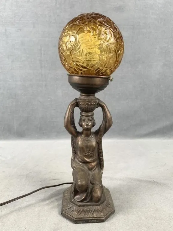 C1920 Art Deco Spelter Lamp Woman Holding Globe