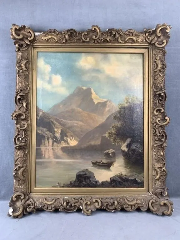 C1900 Signed Oil Mountain w Lake Landscape