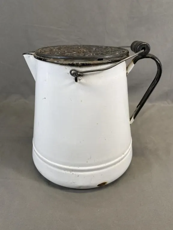 Enamel Handled Jug w Cast Iron Open Work Lid