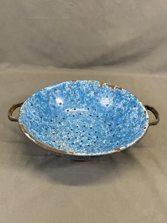 Antique Blue Swirl Enamelware Strainer