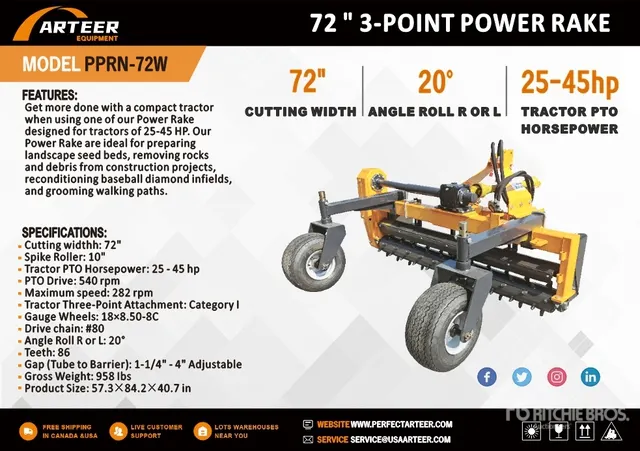 2026 ARTEER PPRN-72W 72 in 3-Point Power Rake (Unused)