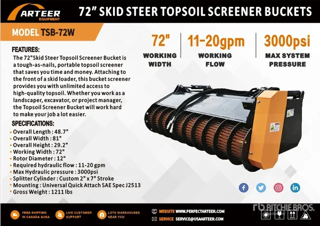 2026 ARTEER TSB-72W 72 in Topsoil Screener Skid Steer Bucket (Unused)