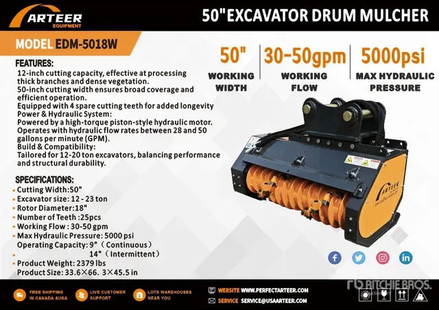 2026 ARTEER EDM-5018W 50 in Excavator Drum Mulcher (Unused)