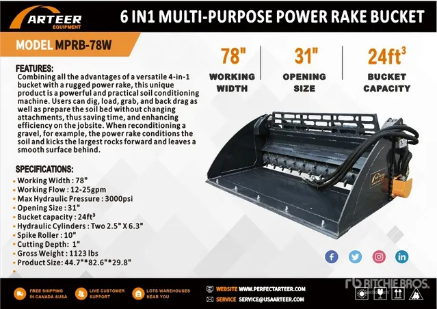 2026 ARTEER MPRB-78W 78 in Power Rake Skid Steer Bucket (Unused)